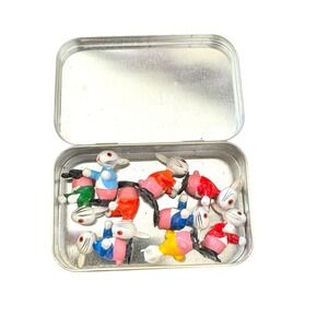 Vtg 1970 handpainted wooden Easter bunnies Worry Animals set of 9‎ Altoid Tin